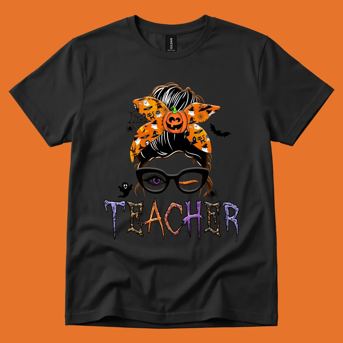 Halloween teacher messy bun with pumpkin spice bandana and glasses, text TEACHER.
