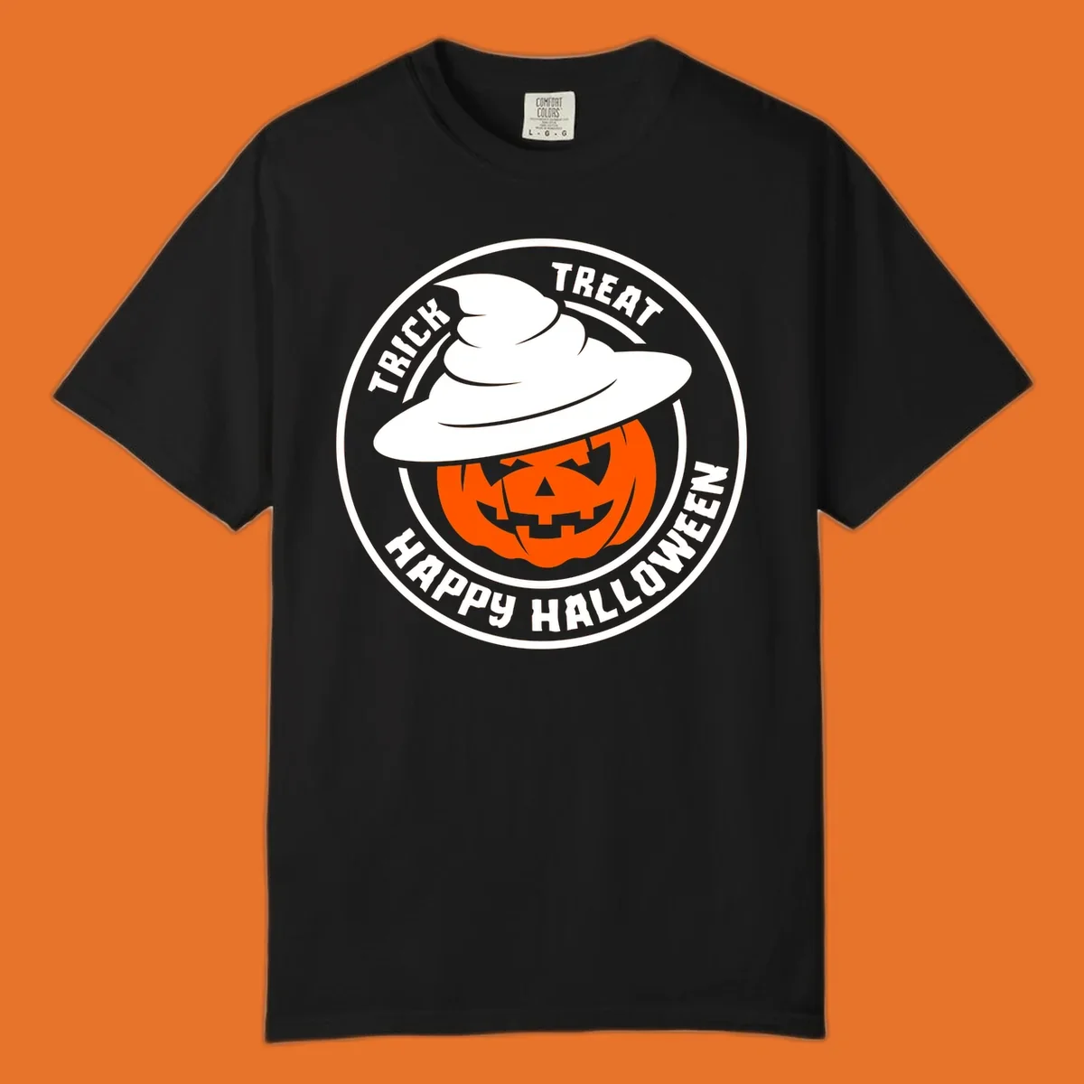 Happy Halloween pumpkin wearing a witch hat, circular emblem design.