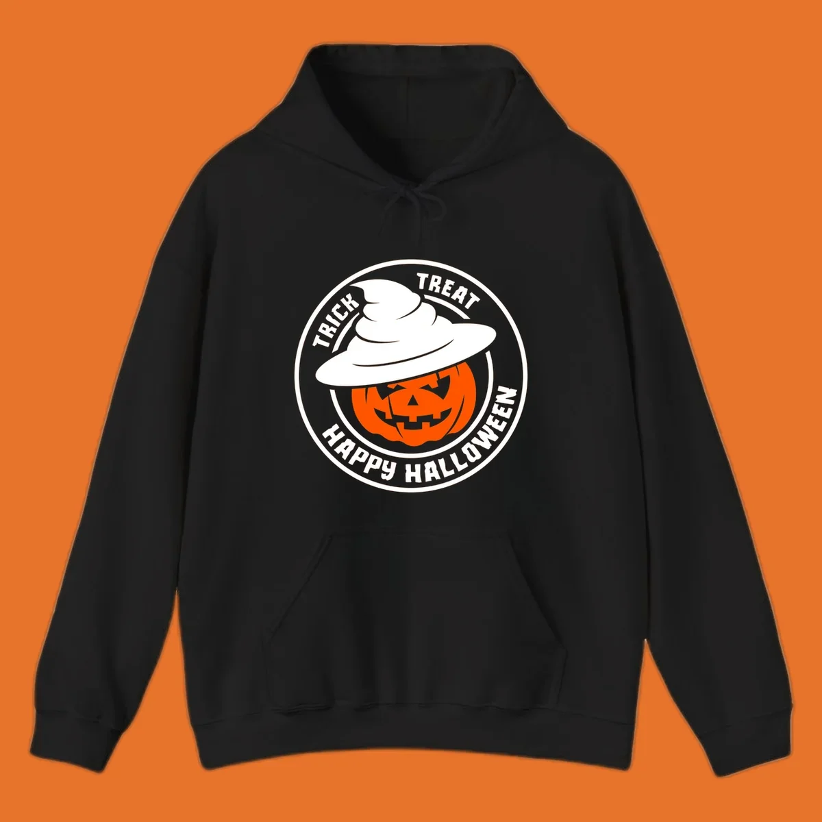 Happy Halloween pumpkin wearing a witch hat, circular emblem design.