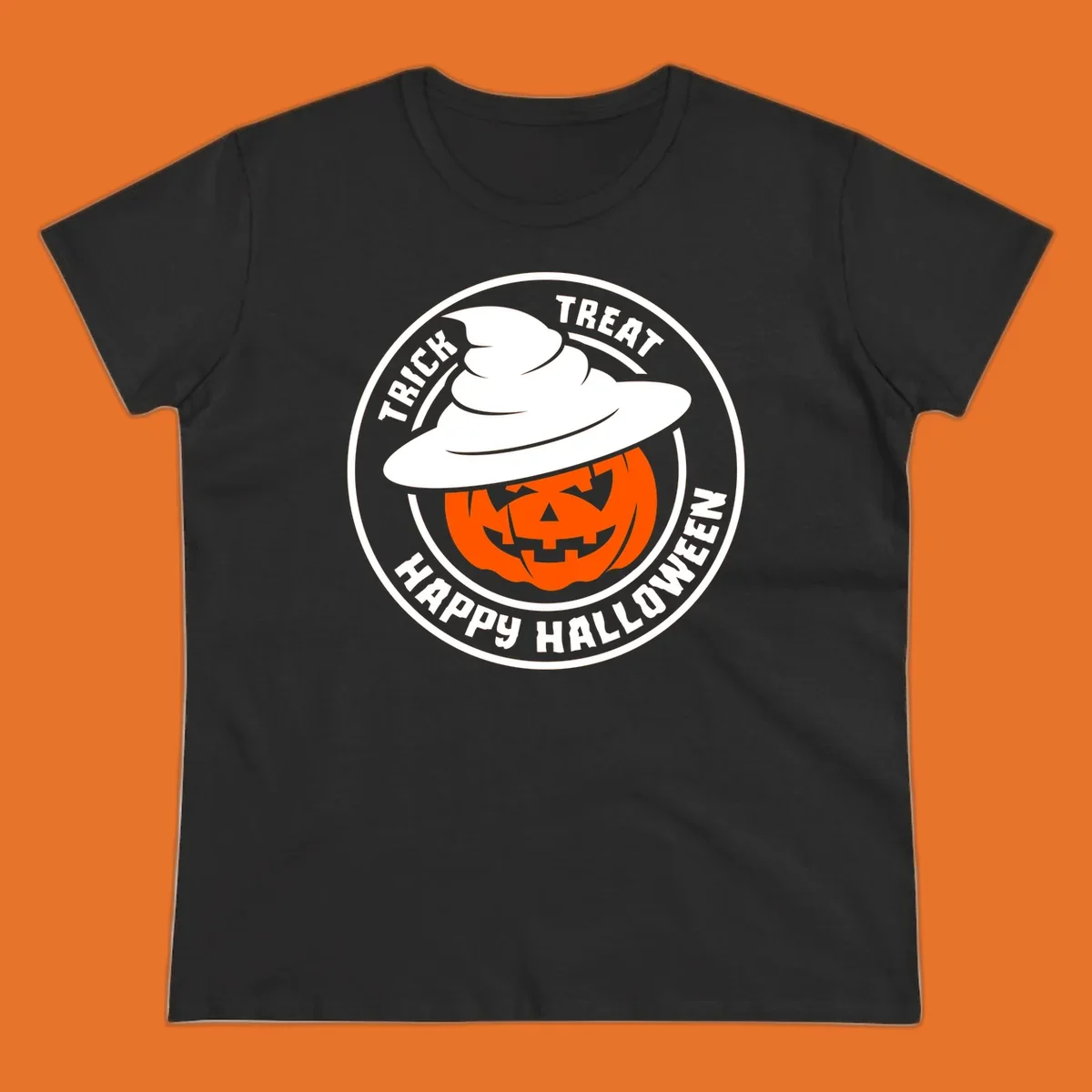 Happy Halloween pumpkin wearing a witch hat, circular emblem design.