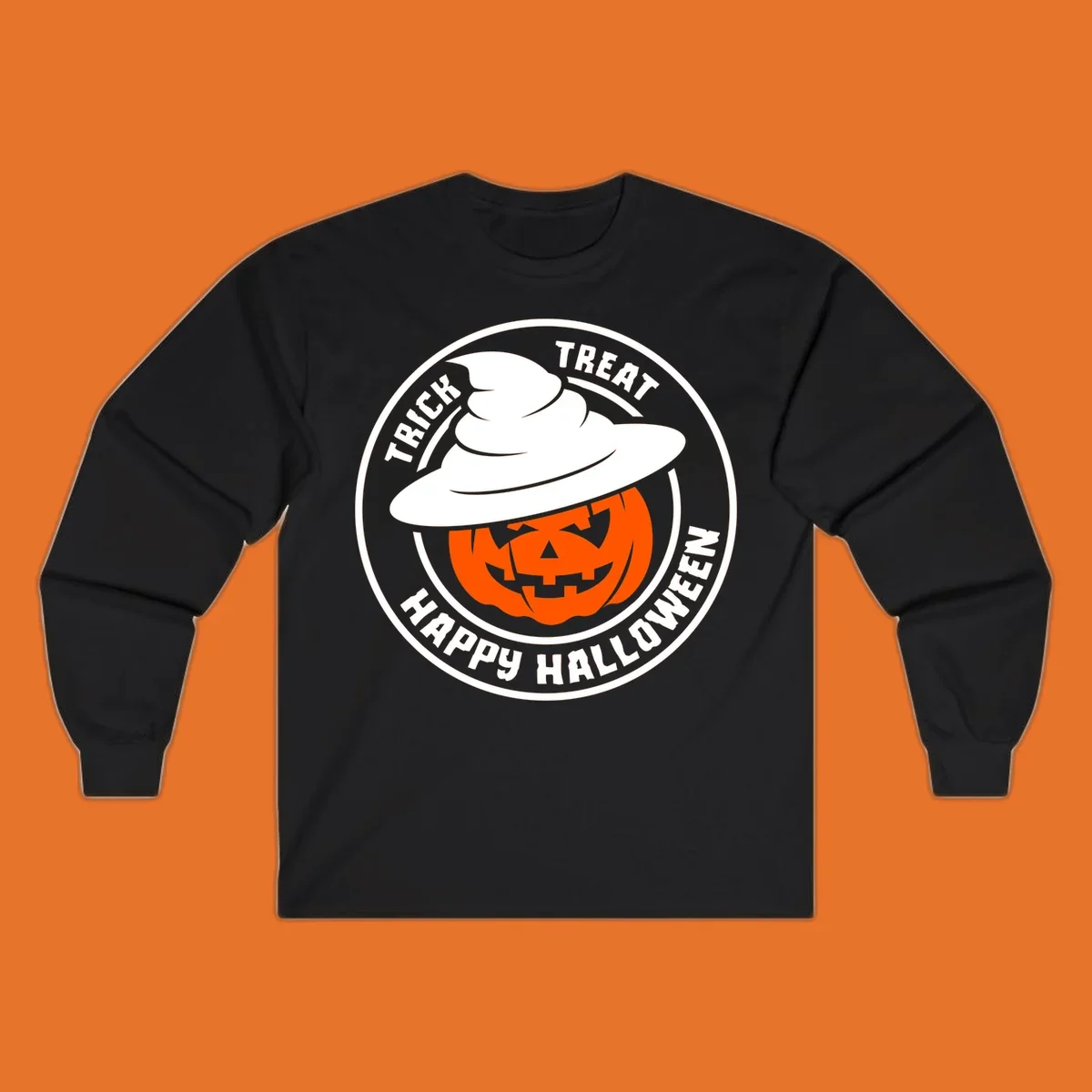 Happy Halloween pumpkin wearing a witch hat, circular emblem design.