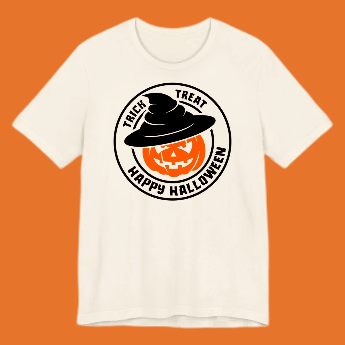 Happy Halloween pumpkin wearing a witch hat, circular emblem design.