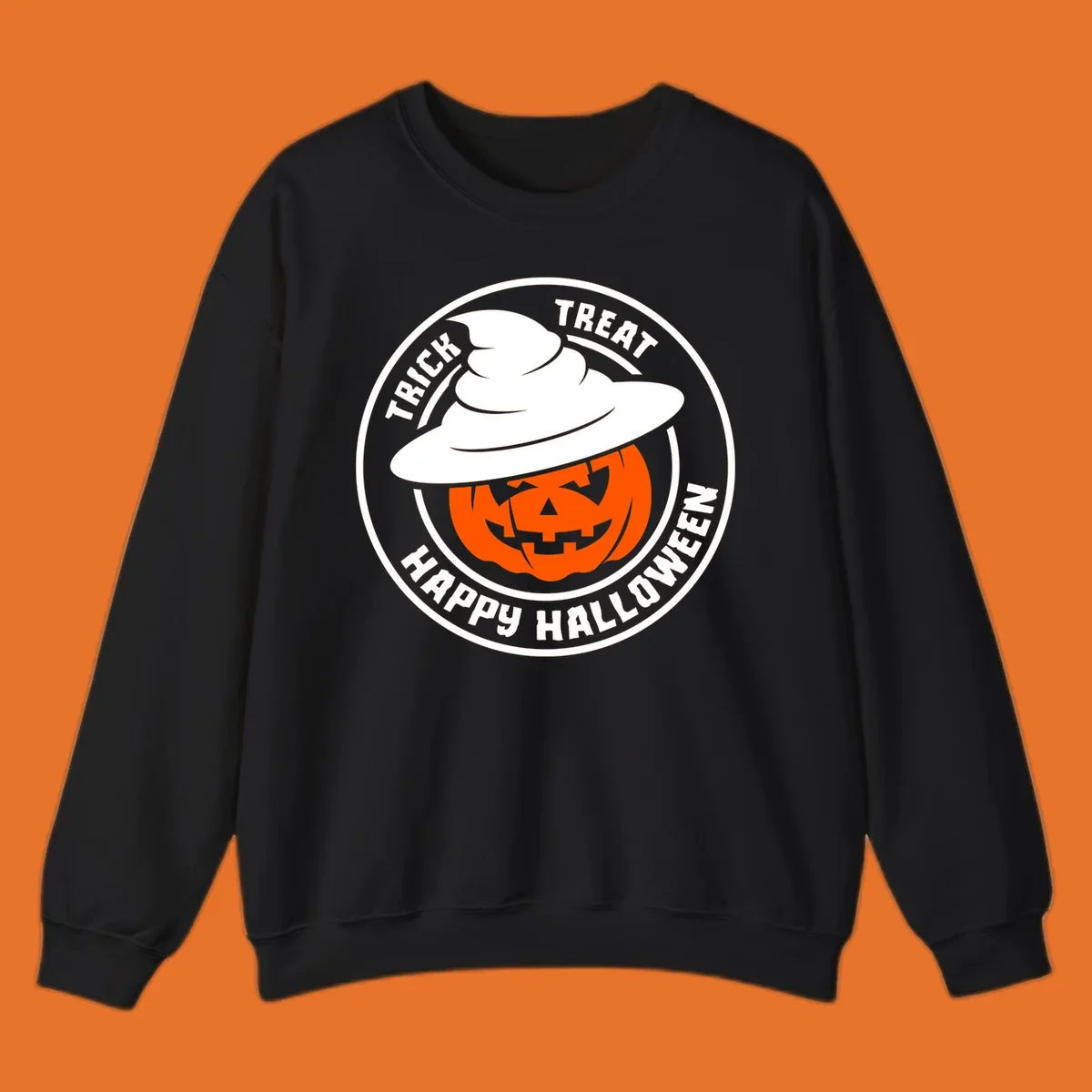Happy Halloween pumpkin wearing a witch hat, circular emblem design.