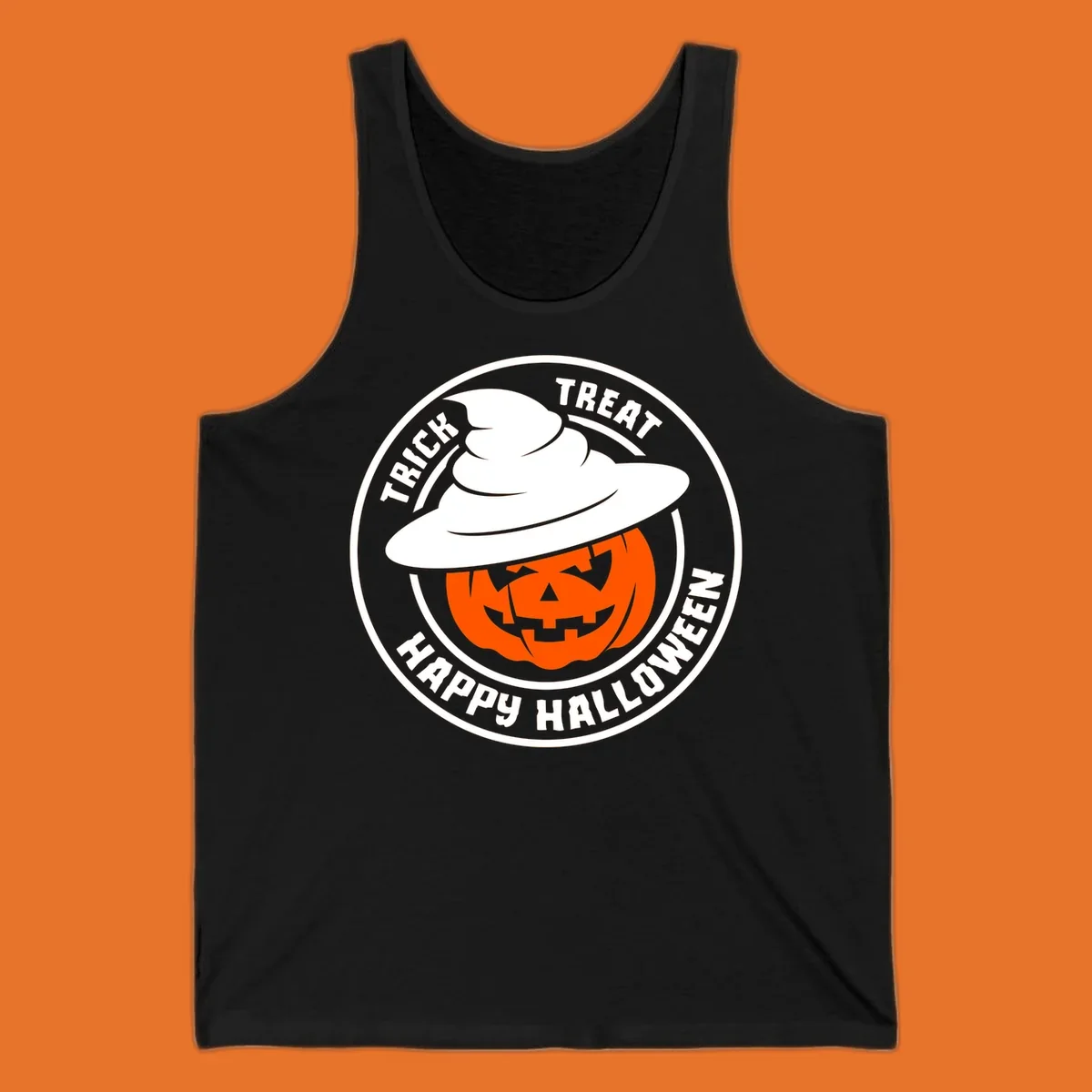 Happy Halloween pumpkin wearing a witch hat, circular emblem design.