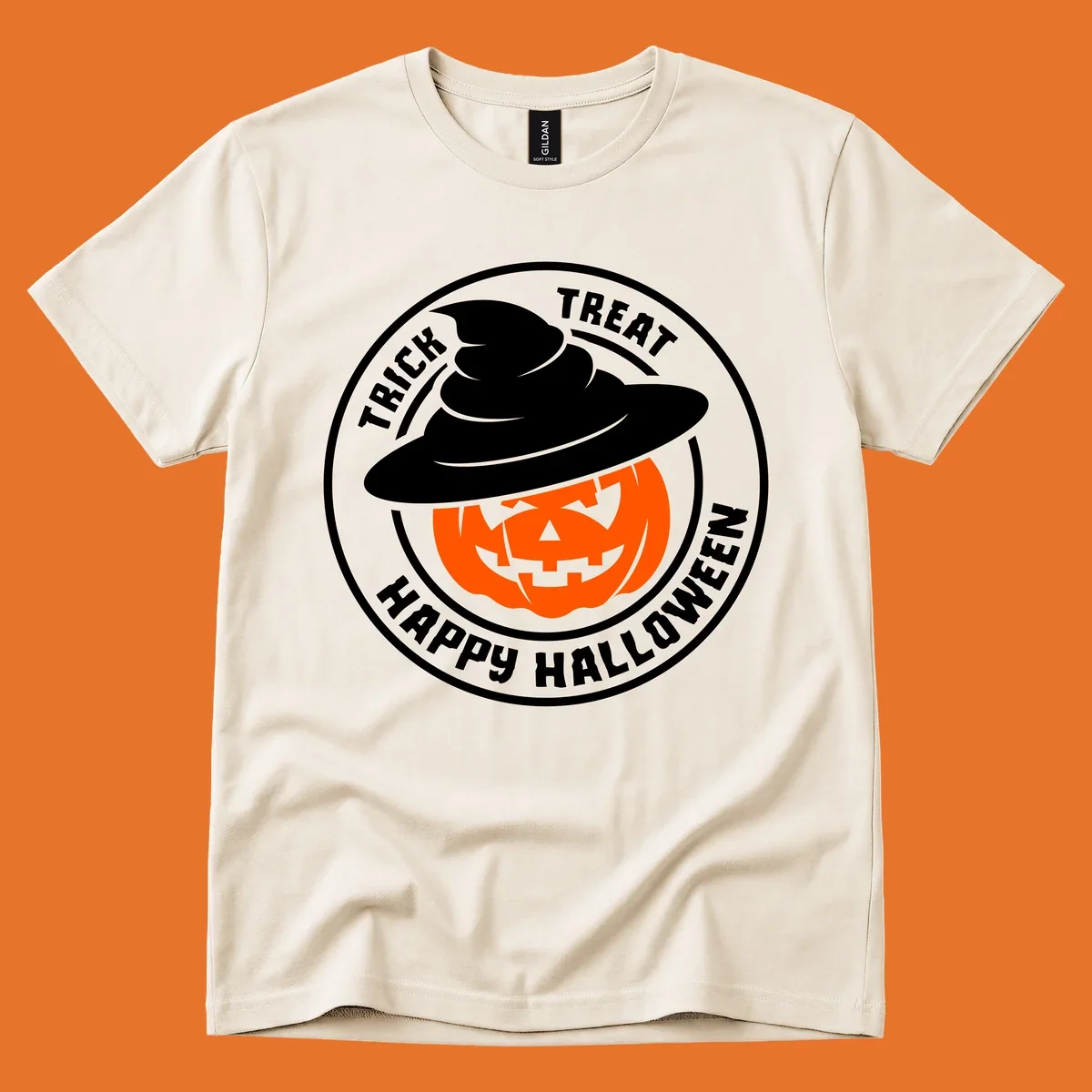Happy Halloween pumpkin wearing a witch hat, circular emblem design.