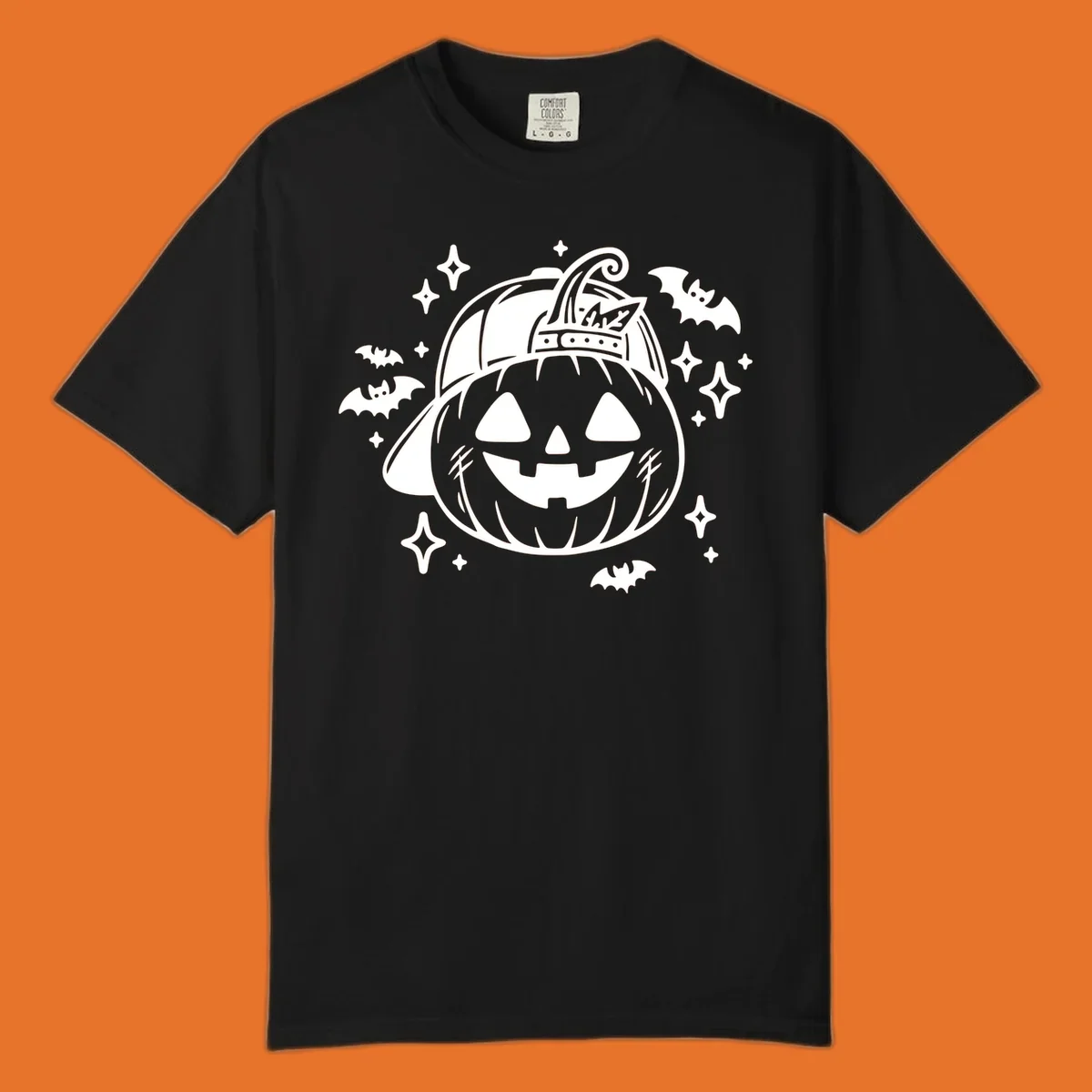 Cool halloween pumpkin in a baseball cap with bats and stars, black and white graphic.