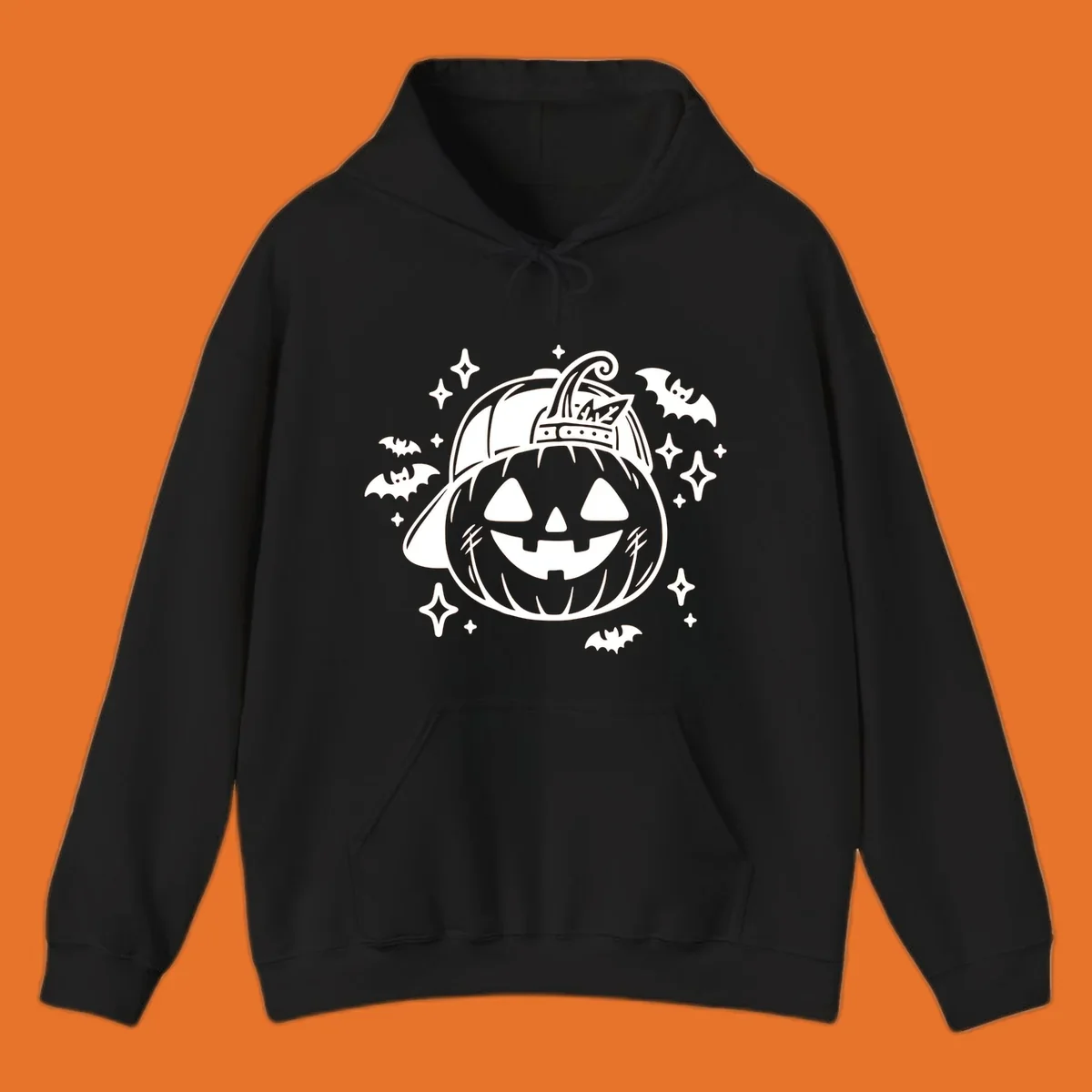 Cool halloween pumpkin in a baseball cap with bats and stars, black and white graphic.