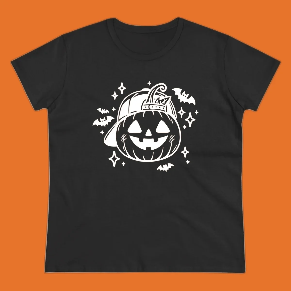 Cool halloween pumpkin in a baseball cap with bats and stars, black and white graphic.