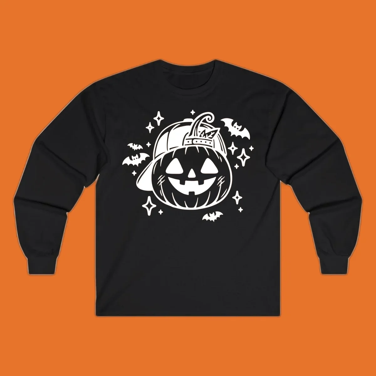 Cool halloween pumpkin in a baseball cap with bats and stars, black and white graphic.