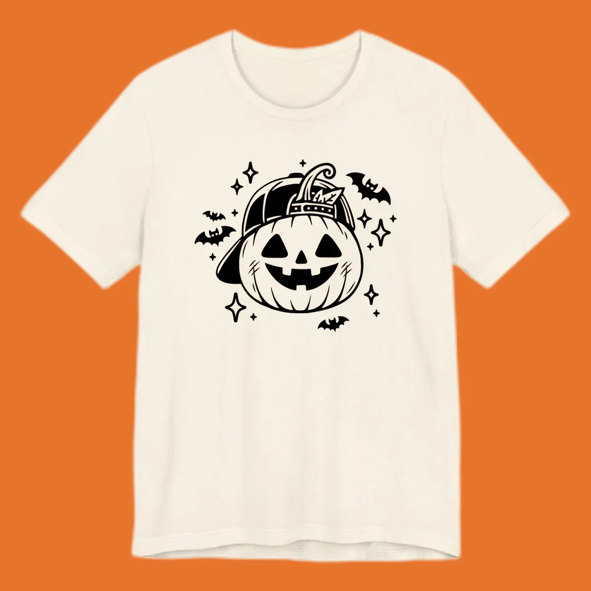 Cool halloween pumpkin in a baseball cap with bats and stars, black and white graphic.