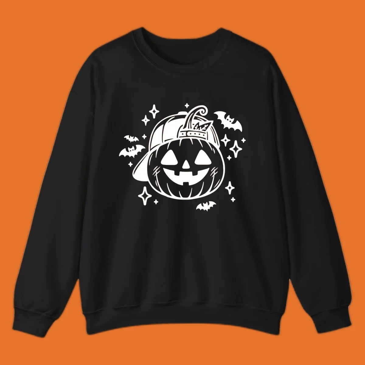Cool halloween pumpkin in a baseball cap with bats and stars, black and white graphic.