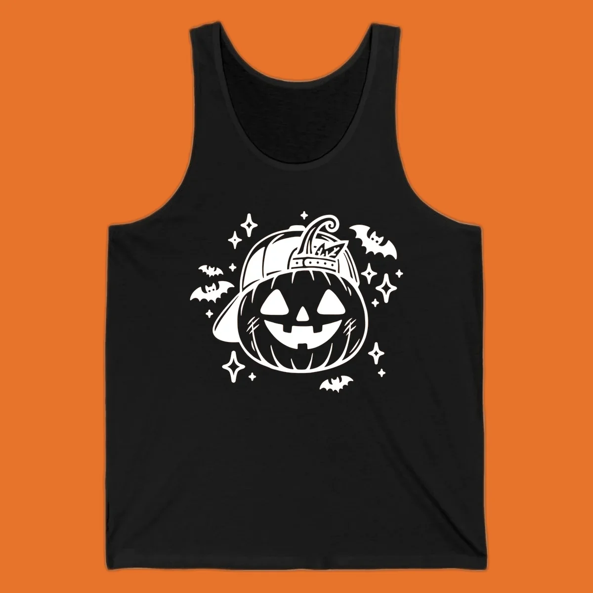Cool halloween pumpkin in a baseball cap with bats and stars, black and white graphic.