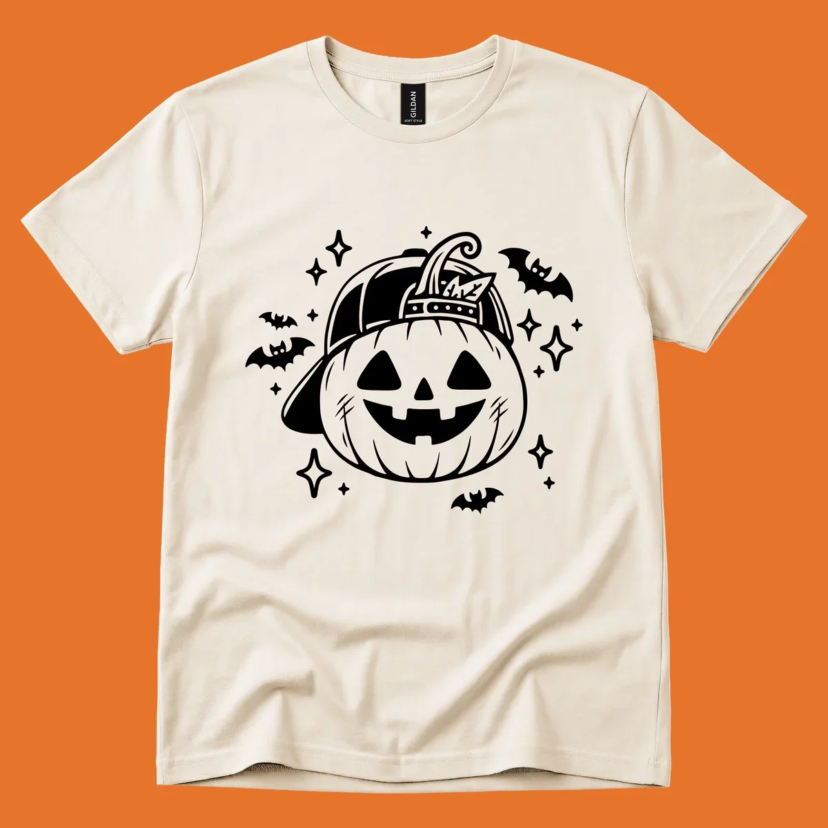 Cool halloween pumpkin in a baseball cap with bats and stars, black and white graphic.