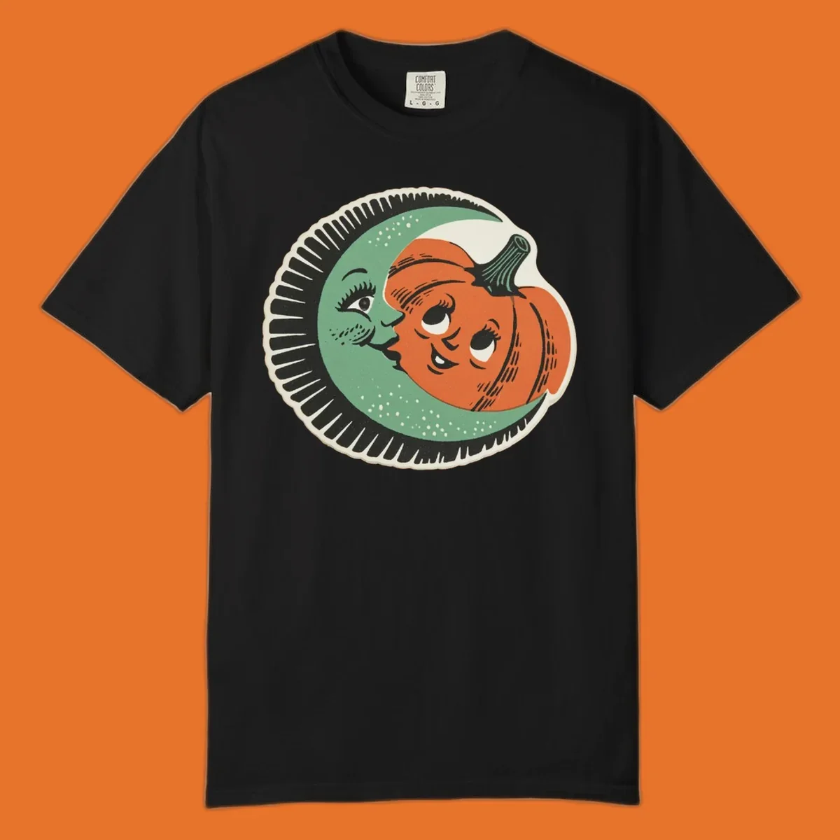 Vintage moon and pumpkin characters smiling together, moon-and-pumpkin-friends graphic