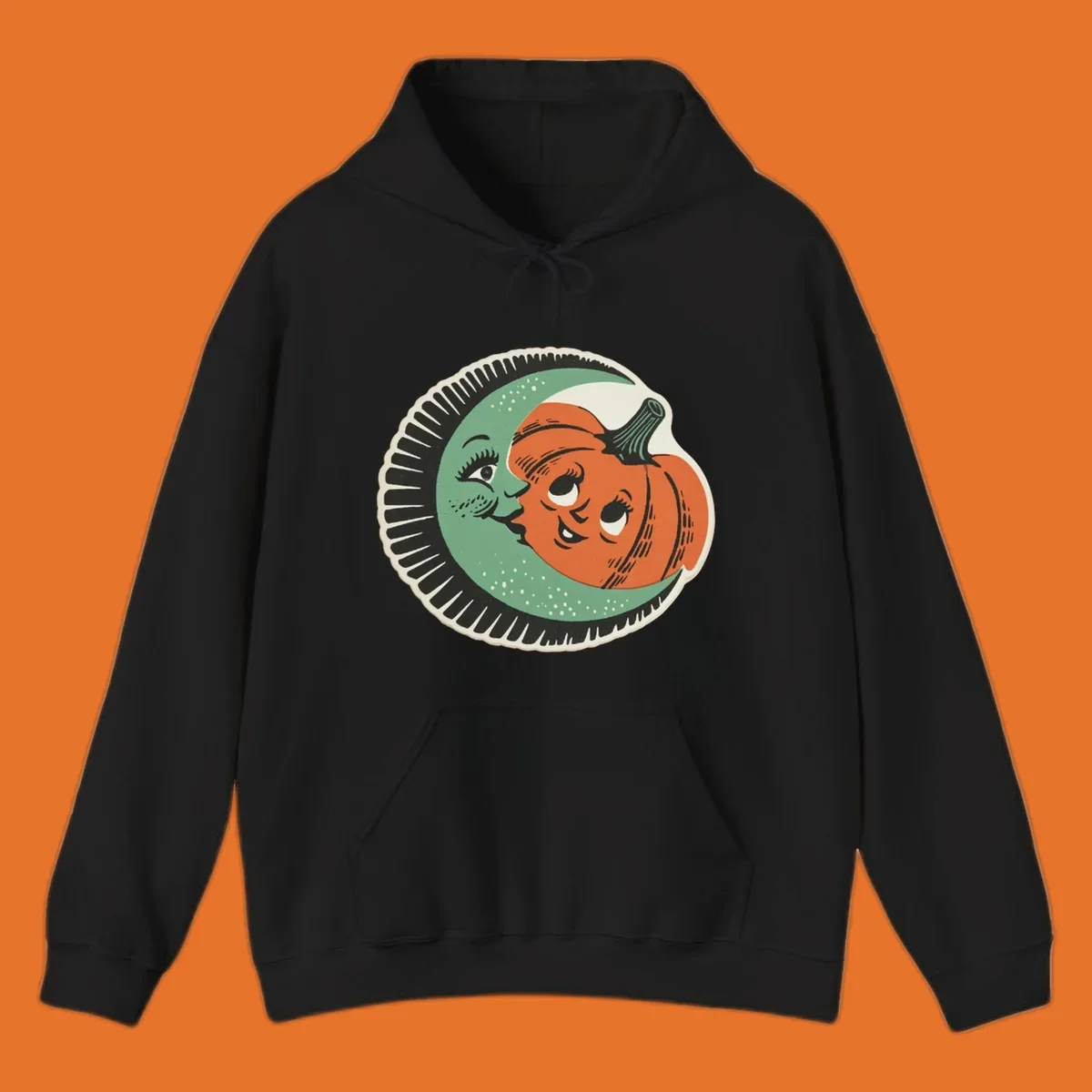 Vintage moon and pumpkin characters smiling together, moon-and-pumpkin-friends graphic