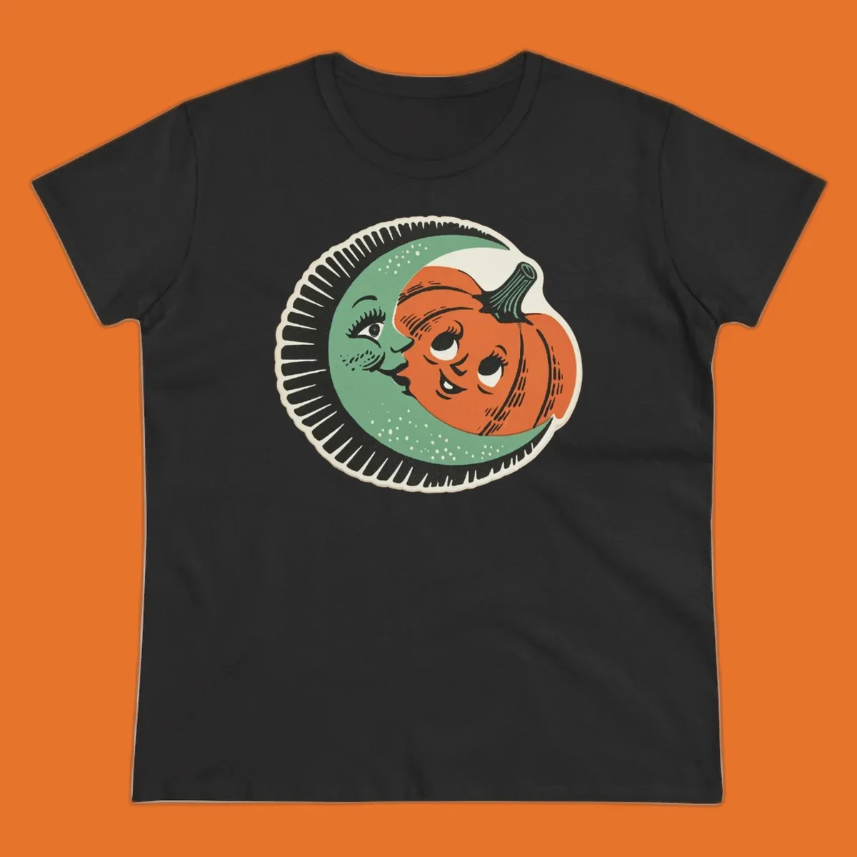 Vintage moon and pumpkin characters smiling together, moon-and-pumpkin-friends graphic
