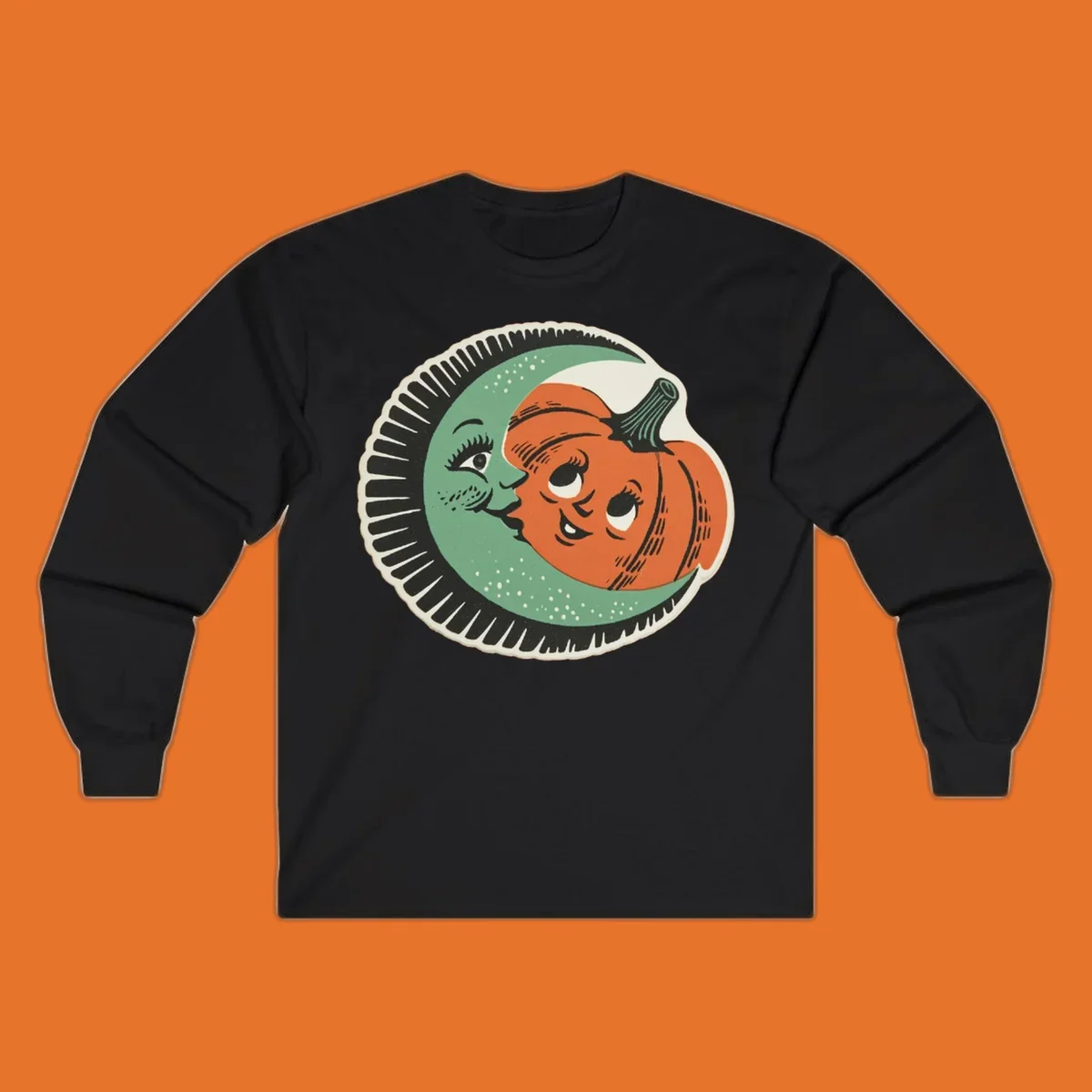 Vintage moon and pumpkin characters smiling together, moon-and-pumpkin-friends graphic