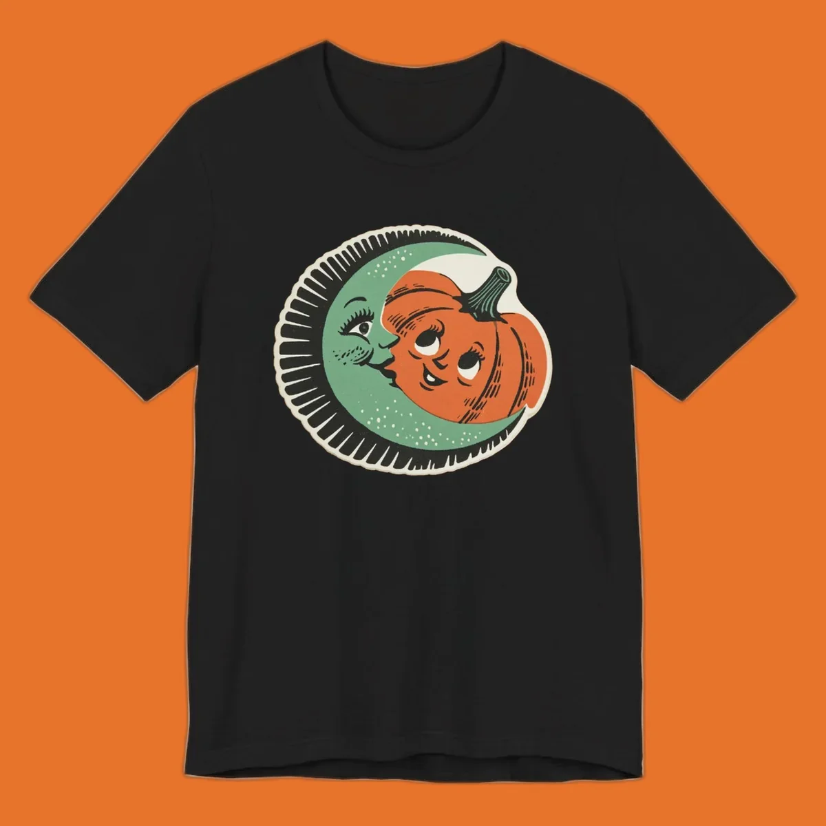 Vintage moon and pumpkin characters smiling together, moon-and-pumpkin-friends graphic