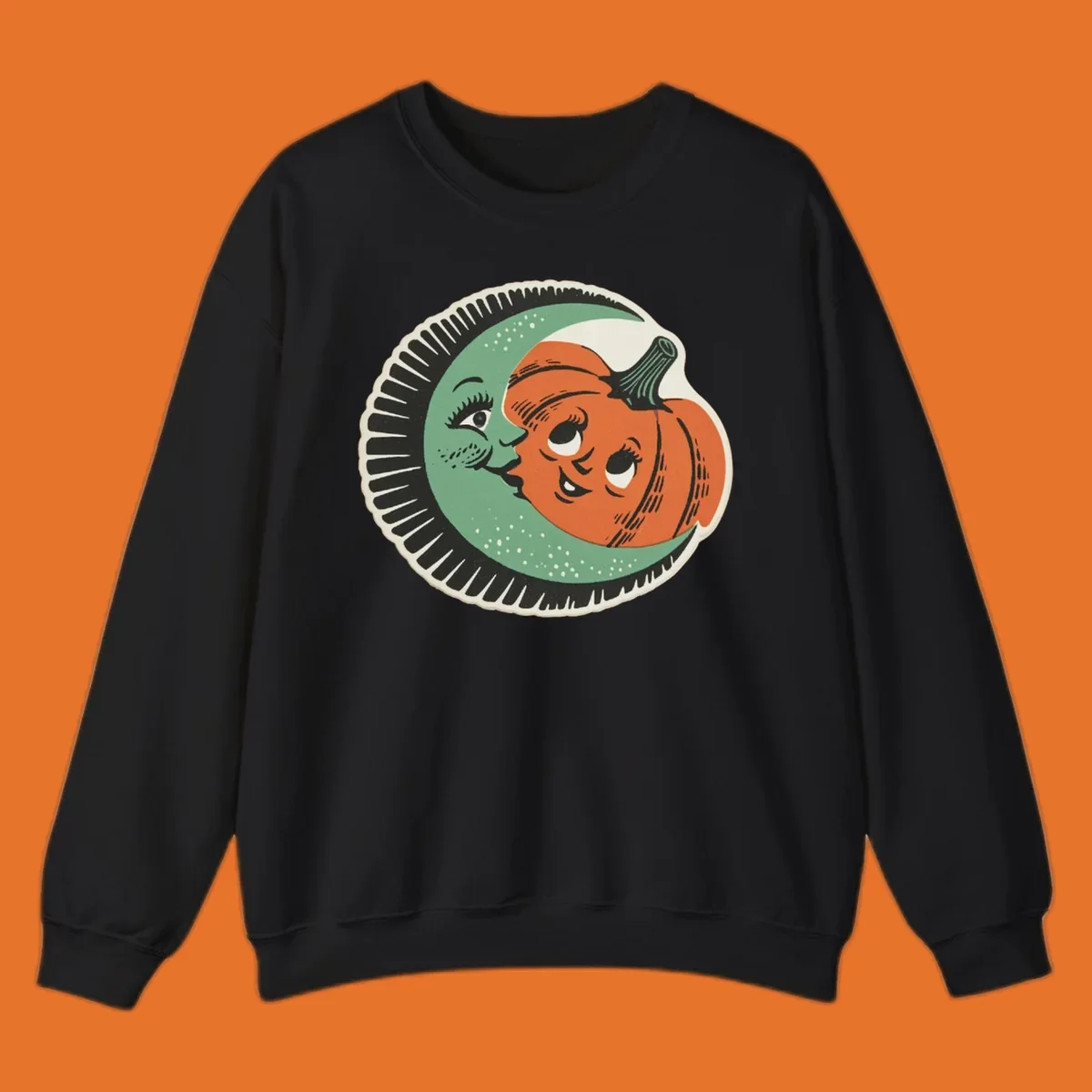 Vintage moon and pumpkin characters smiling together, moon-and-pumpkin-friends graphic