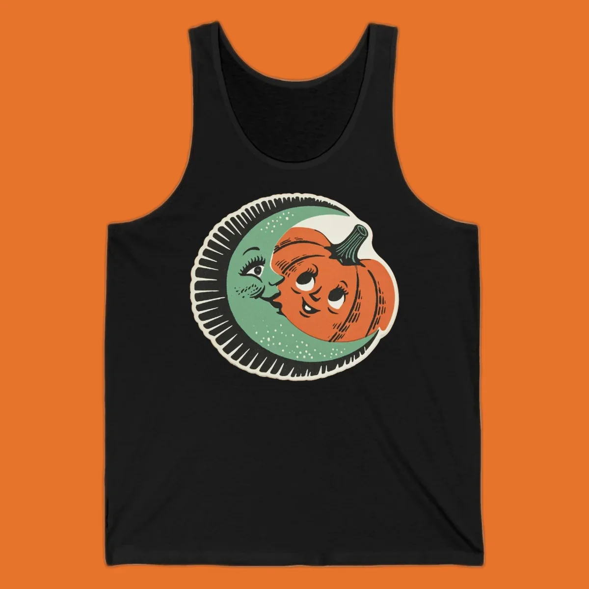 Vintage moon and pumpkin characters smiling together, moon-and-pumpkin-friends graphic