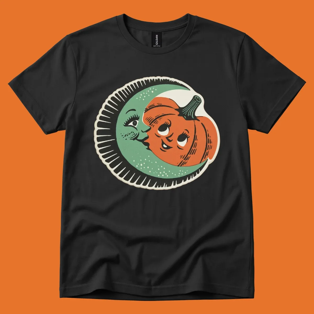 Vintage moon and pumpkin characters smiling together, moon-and-pumpkin-friends graphic