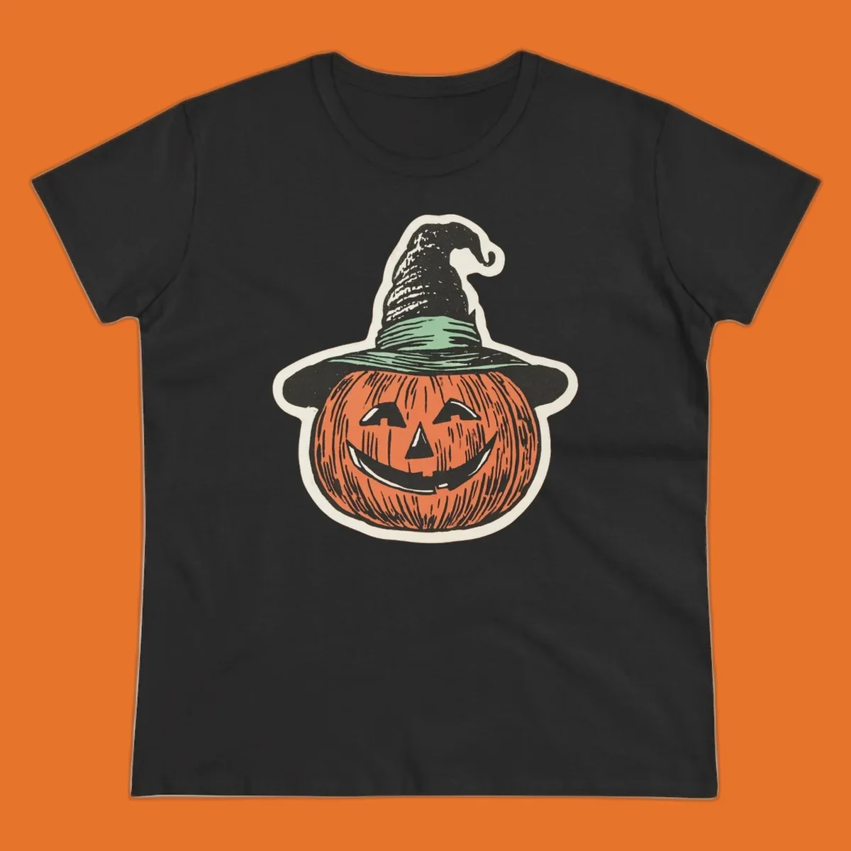 Vintage illustration of a smiling jack-o-lantern wearing a witch hat, perfect for halloween-pumpkin-witch themed apparel.