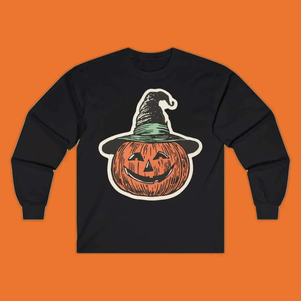 Vintage illustration of a smiling jack-o-lantern wearing a witch hat, perfect for halloween-pumpkin-witch themed apparel.