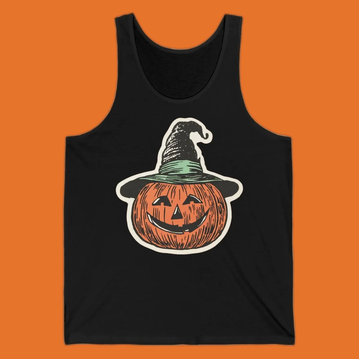 Vintage illustration of a smiling jack-o-lantern wearing a witch hat, perfect for halloween-pumpkin-witch themed apparel.