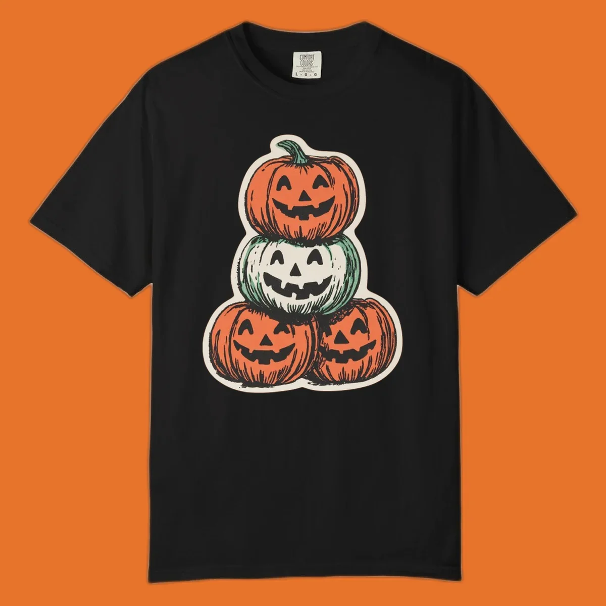 Stacked halloween pumpkins trio illustration with carved faces.