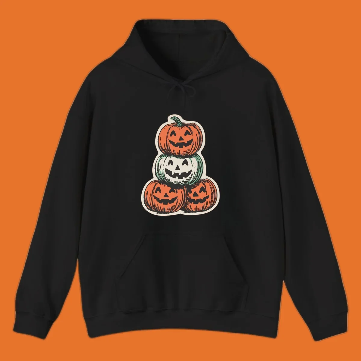 Stacked halloween pumpkins trio illustration with carved faces.