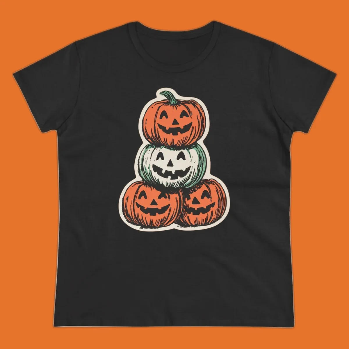 Stacked halloween pumpkins trio illustration with carved faces.
