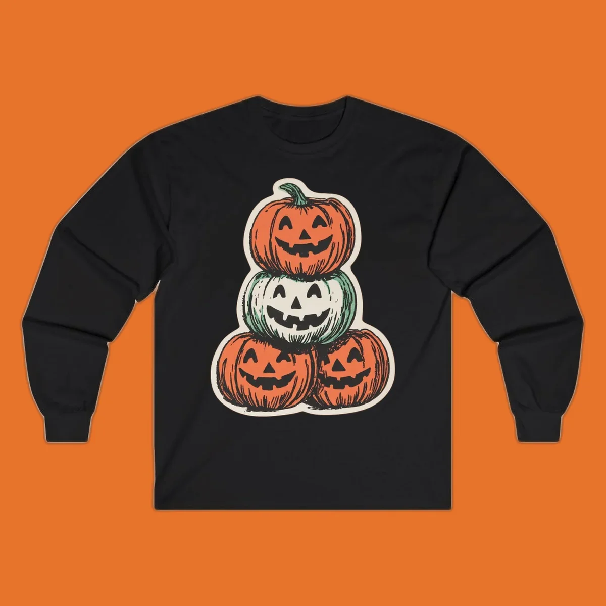 Stacked halloween pumpkins trio illustration with carved faces.