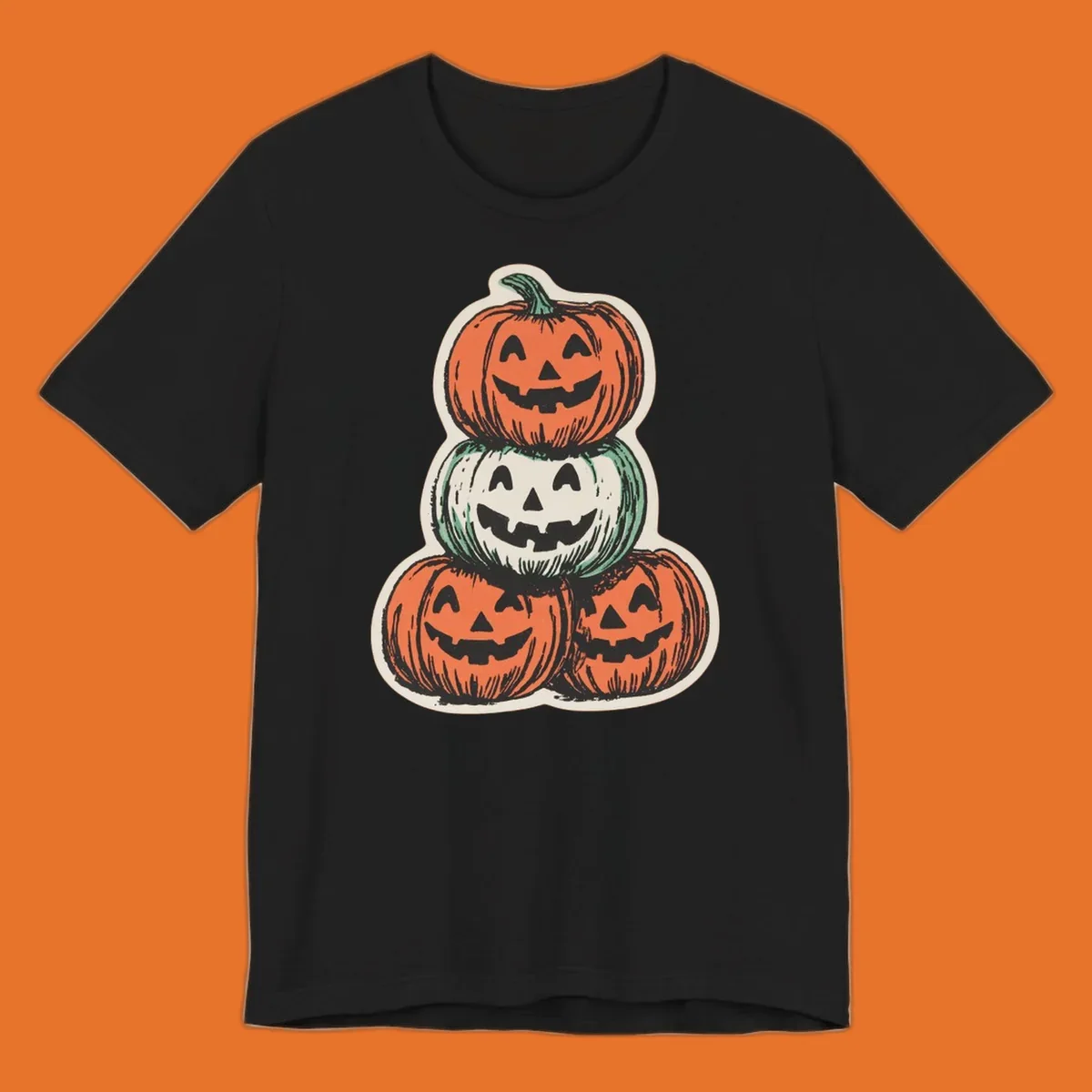 Stacked halloween pumpkins trio illustration with carved faces.