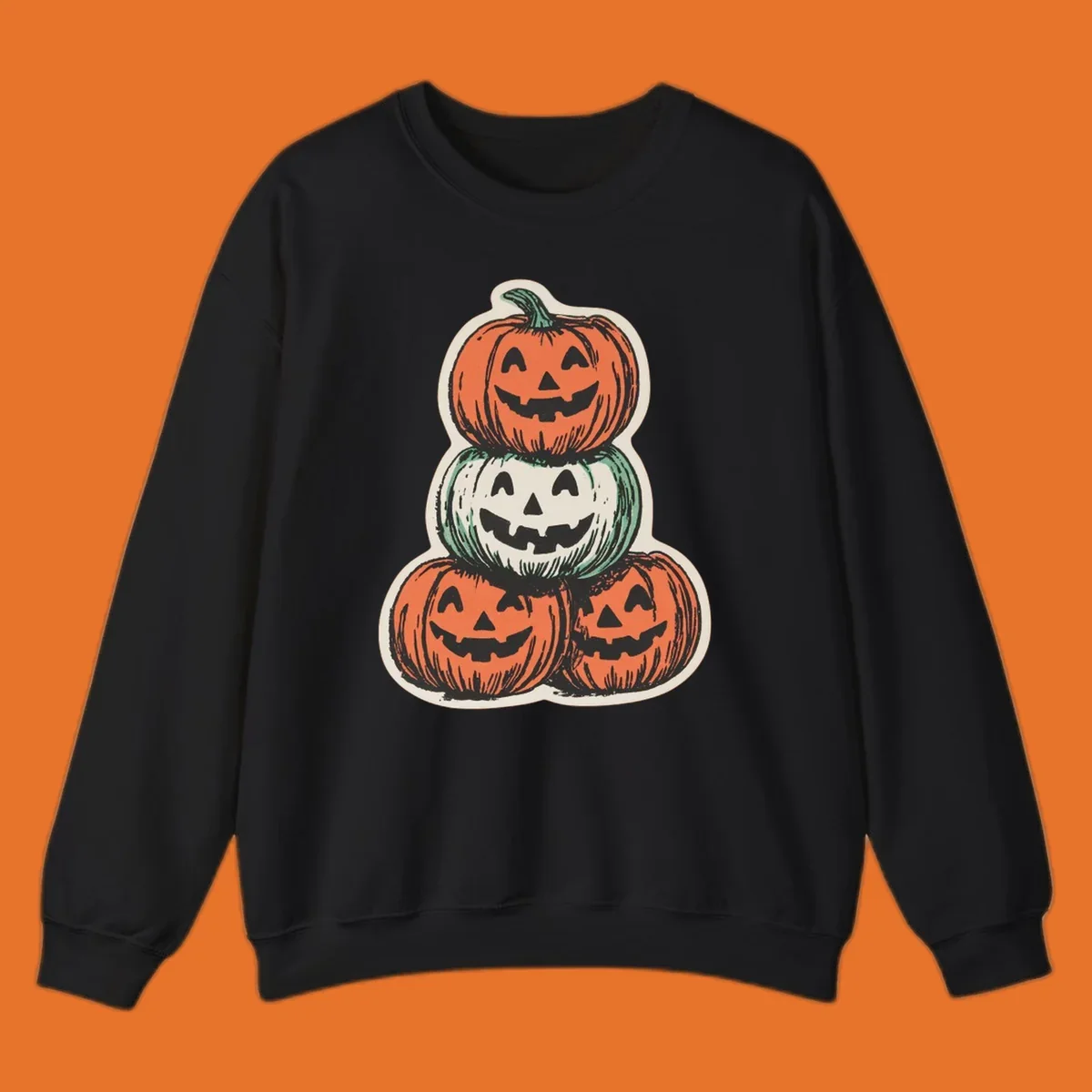 Stacked halloween pumpkins trio illustration with carved faces.