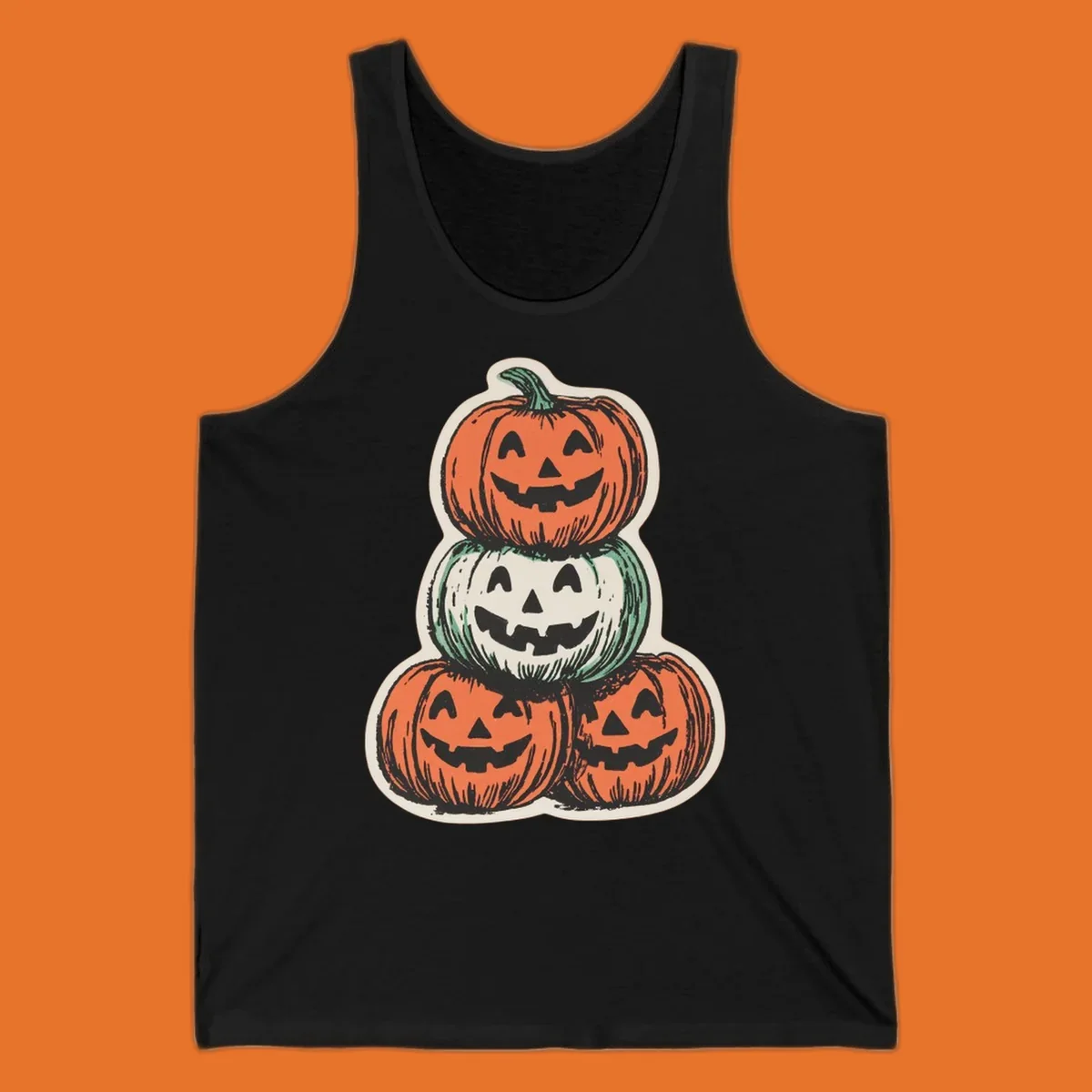 Stacked halloween pumpkins trio illustration with carved faces.