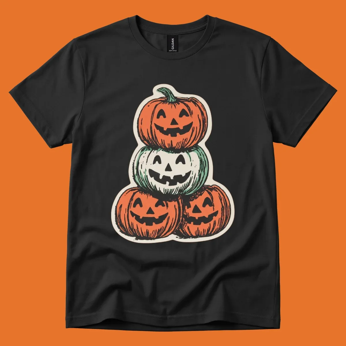 Stacked halloween pumpkins trio illustration with carved faces.