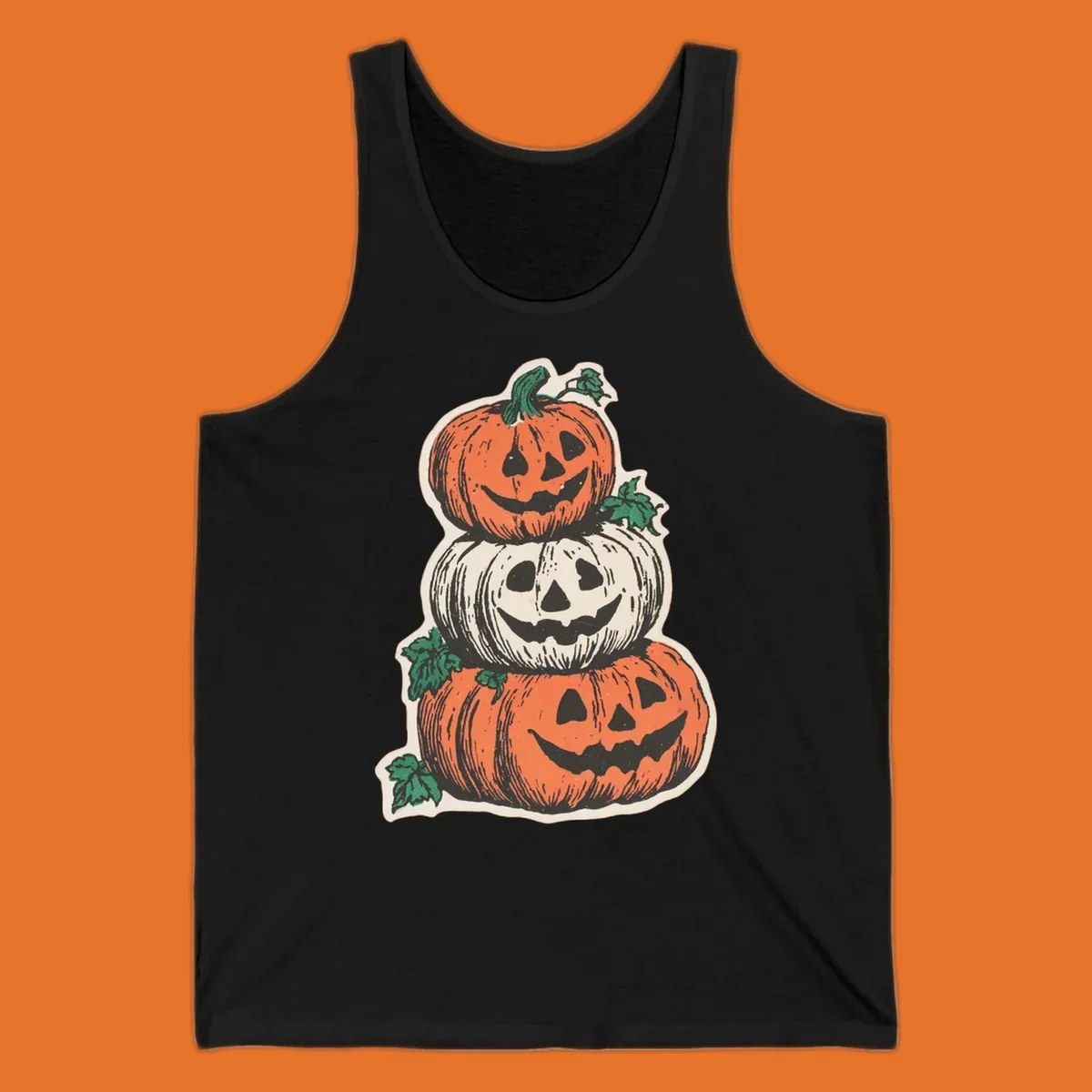 Stacked Halloween jack-o'-lanterns graphic with leaves for fall holiday shirts.