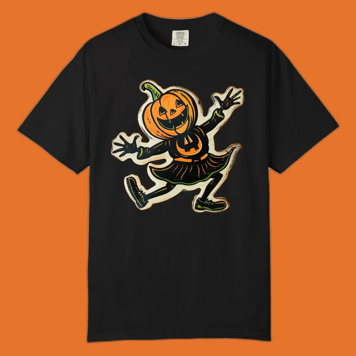 Jumping jack o lantern character illustration for Halloween, vintage style.