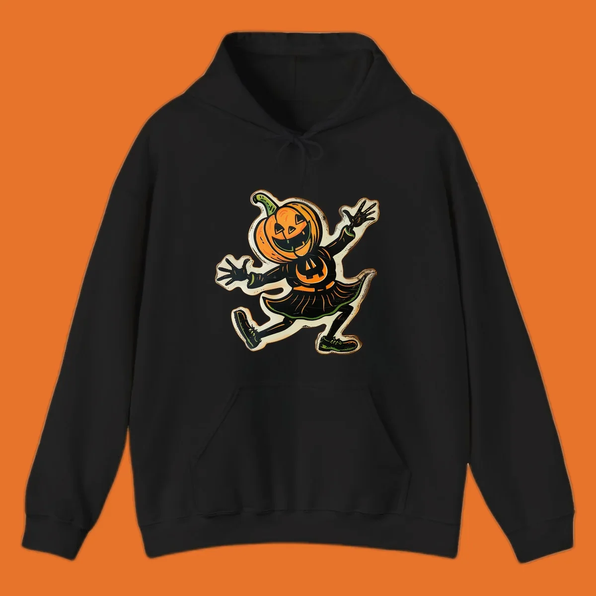 Jumping jack o lantern character illustration for Halloween, vintage style.