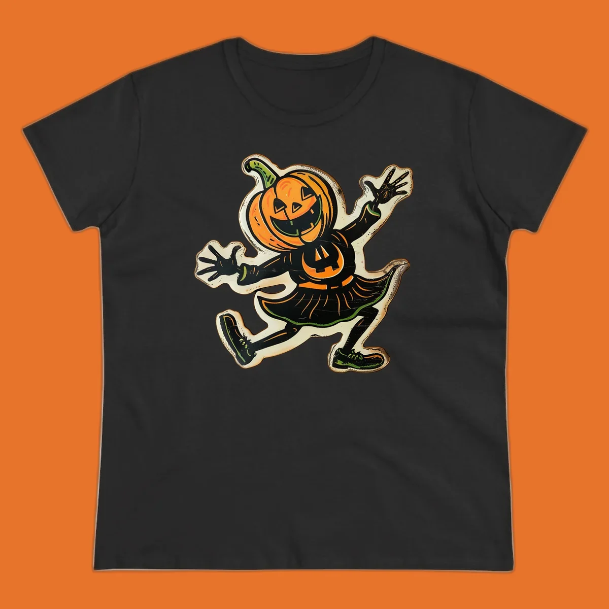 Jumping jack o lantern character illustration for Halloween, vintage style.