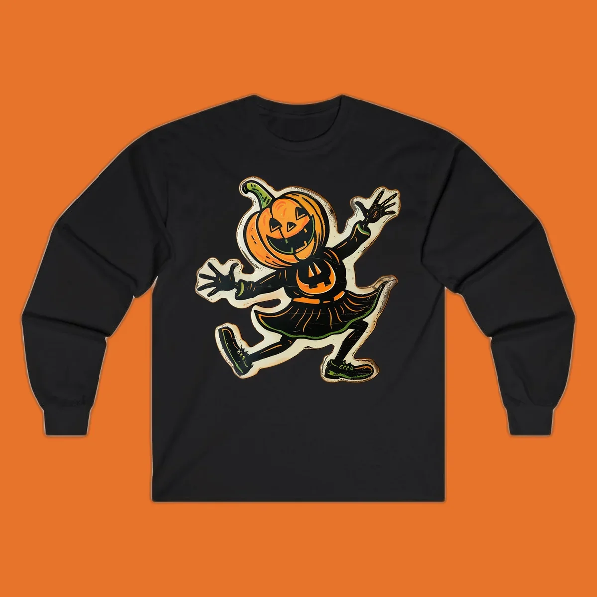 Jumping jack o lantern character illustration for Halloween, vintage style.