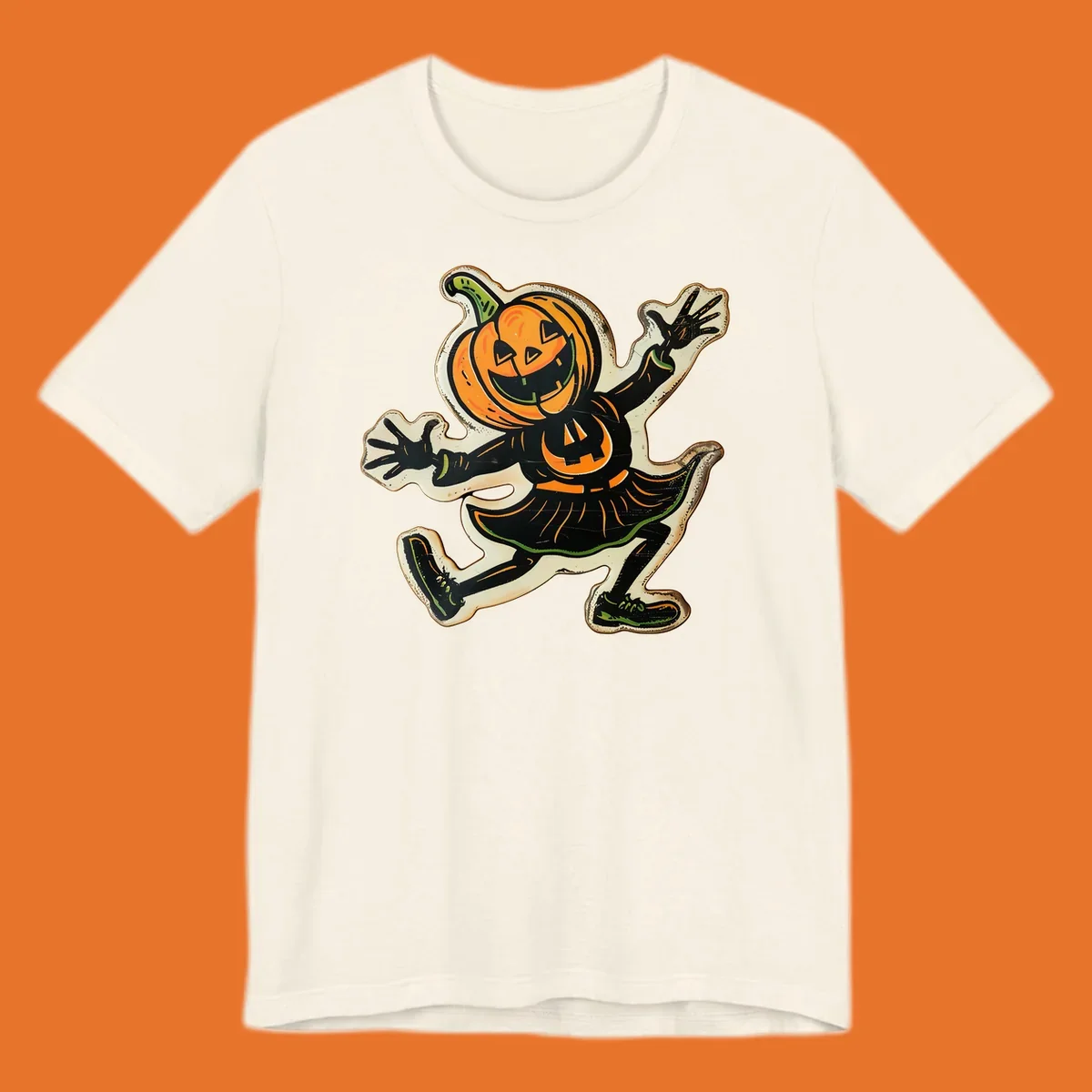 Jumping jack o lantern character illustration for Halloween, vintage style.