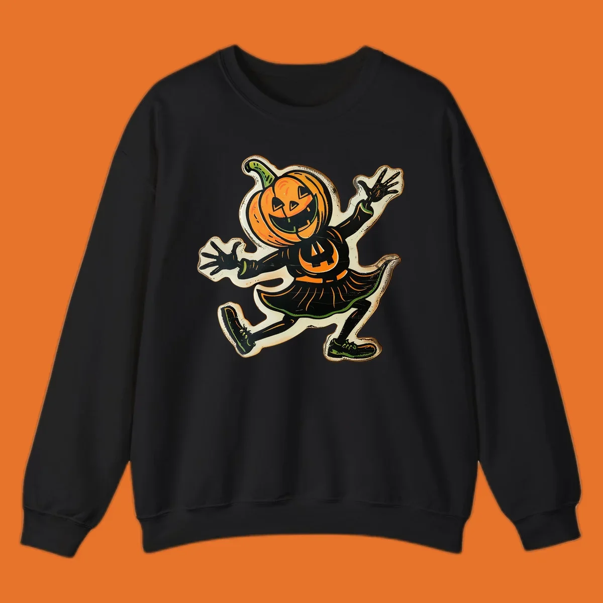 Jumping jack o lantern character illustration for Halloween, vintage style.