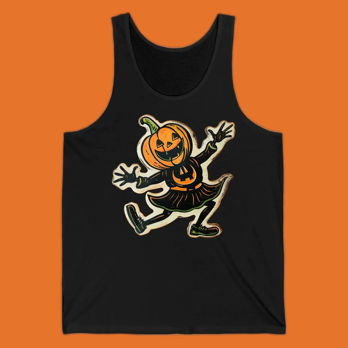 Jumping jack o lantern character illustration for Halloween, vintage style.