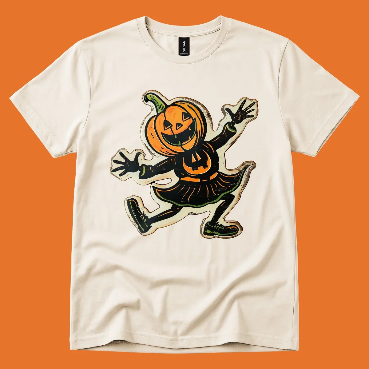 Jumping jack o lantern character illustration for Halloween, vintage style.