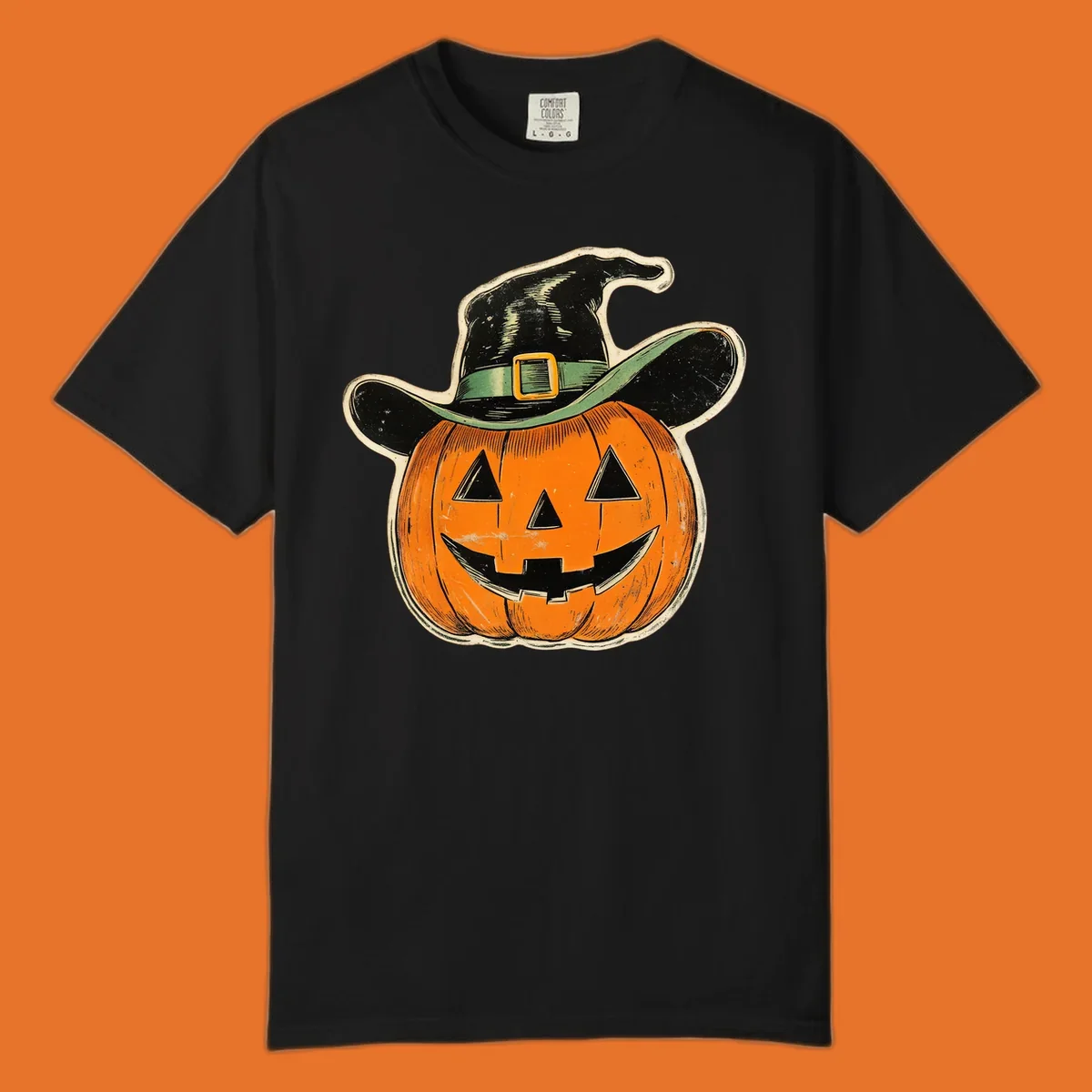 Vintage witchy pumpkin pal illustration with a smiling jack-o-lantern wearing a witch hat.