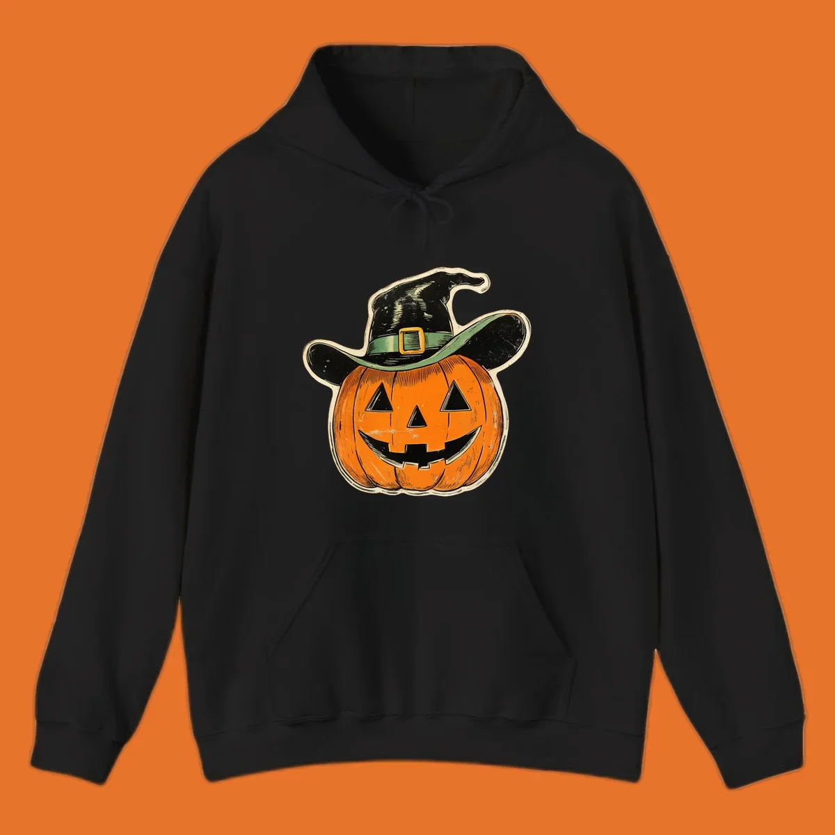 Vintage witchy pumpkin pal illustration with a smiling jack-o-lantern wearing a witch hat.