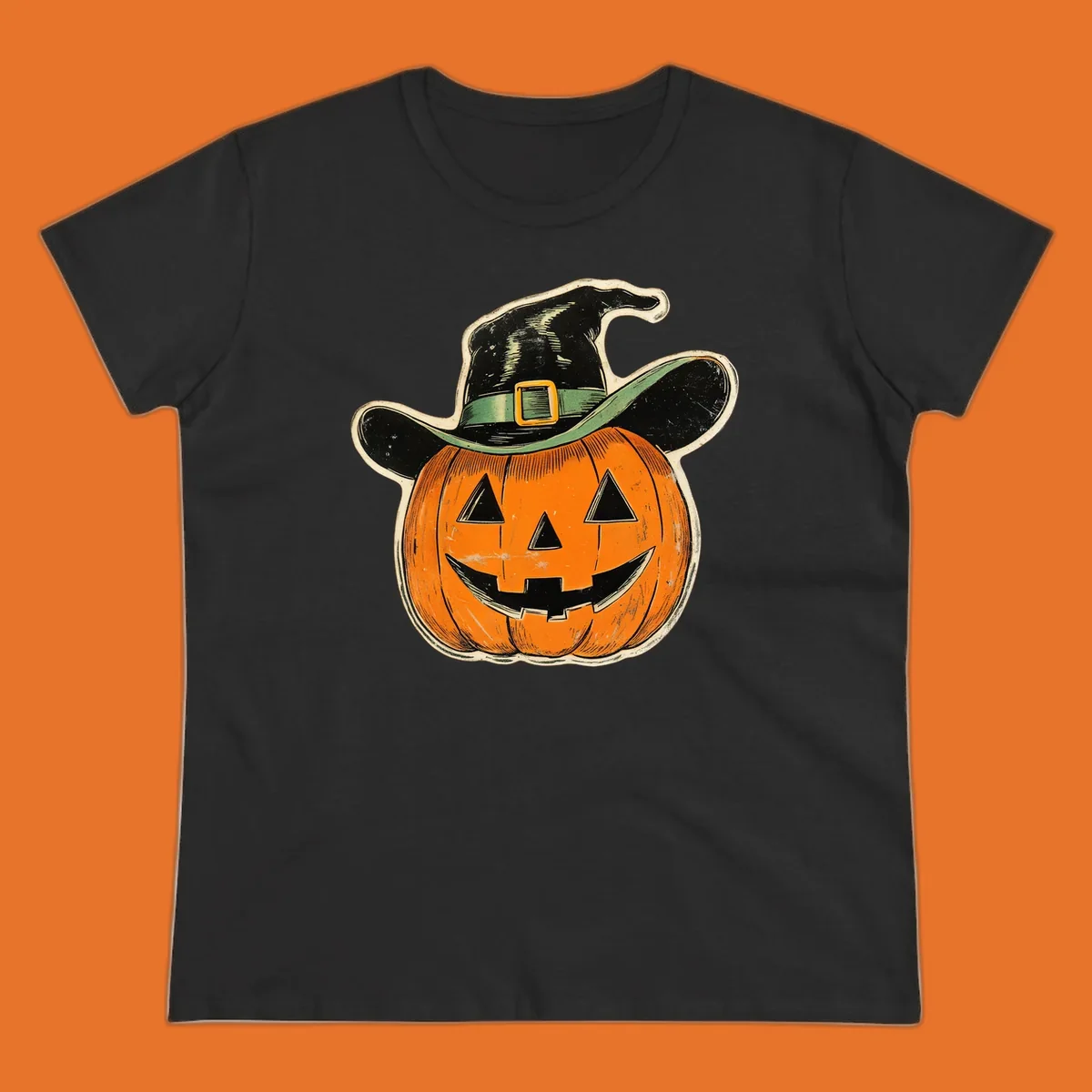 Vintage witchy pumpkin pal illustration with a smiling jack-o-lantern wearing a witch hat.