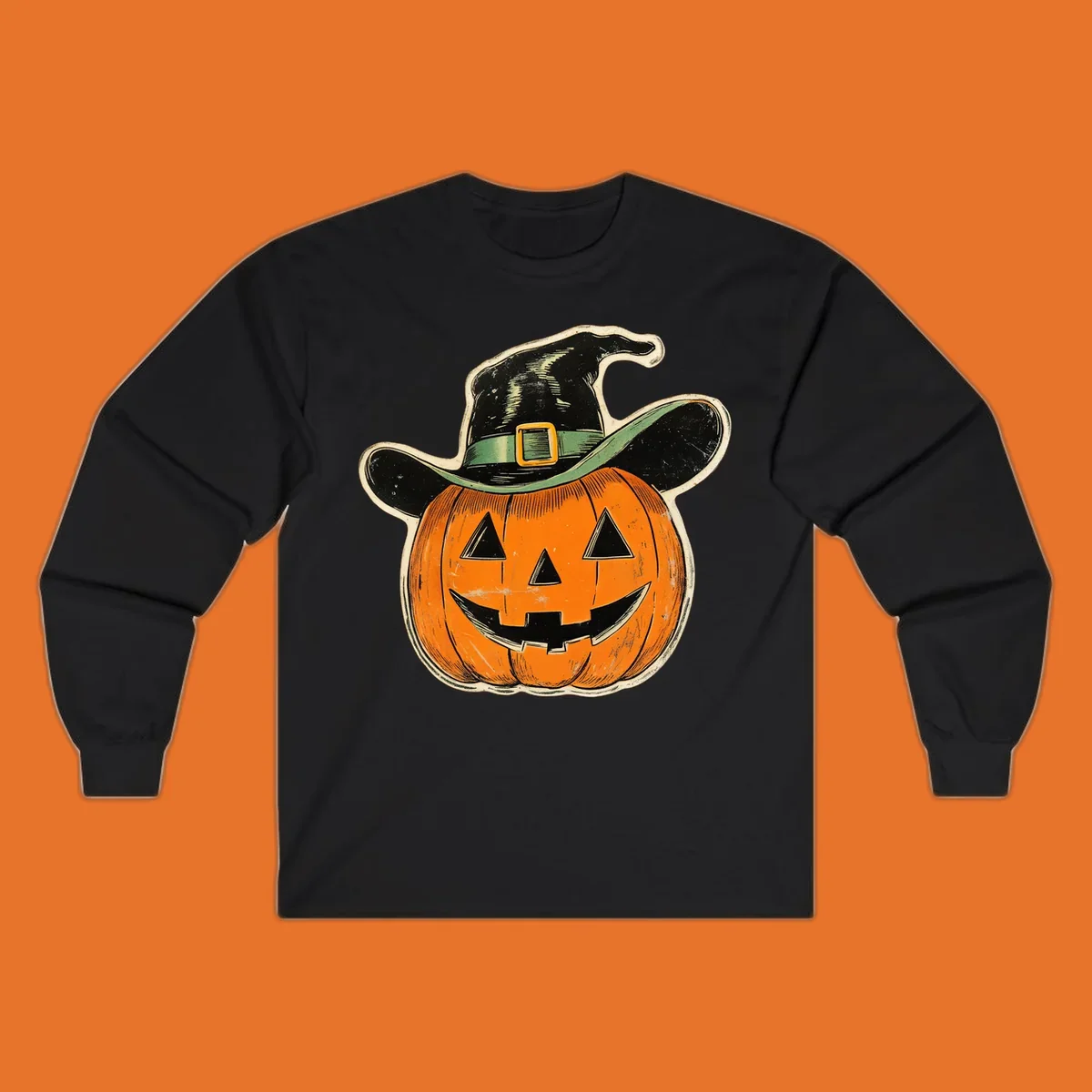Vintage witchy pumpkin pal illustration with a smiling jack-o-lantern wearing a witch hat.