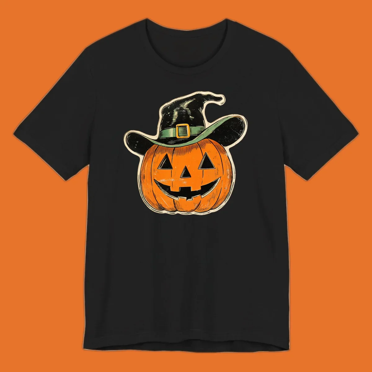 Vintage witchy pumpkin pal illustration with a smiling jack-o-lantern wearing a witch hat.